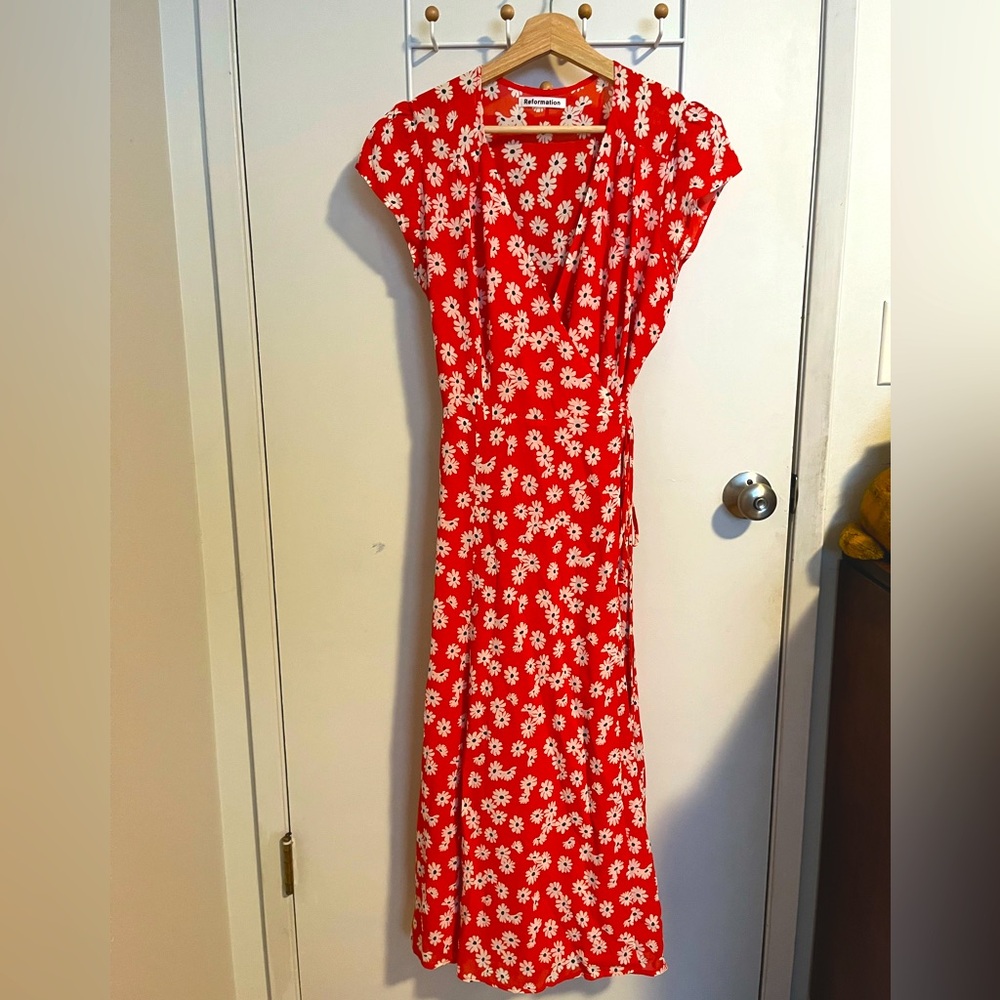 Reformation red floral midi wrap dress size L